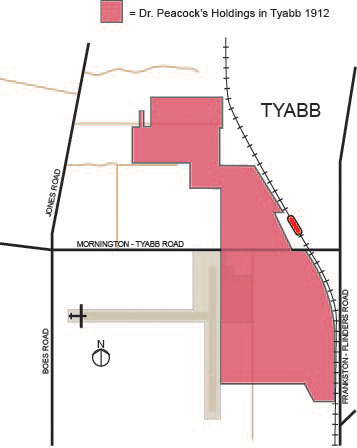 Modern day Tyabb, showing the extent of Doctor Peacock’s holdings