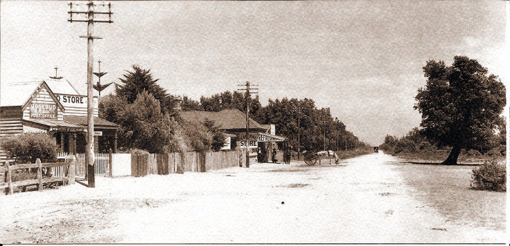 The Brady post office (foreground) and Rudduck’s store which became the post office in 1920. The latter, opposite the Meeting Tree and near the Ninth Avenue Cafe site, burnt down in 1923 and quickly replaced with a much longer frontage bought by Edwin James Wheeler.